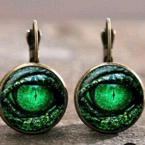 New Dragon Eye Glass Cabochon Bronze Lever Back Earrings.